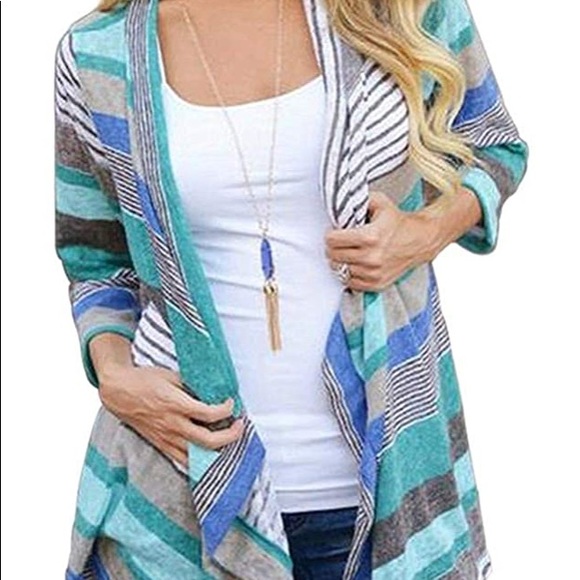 NWT Myobe 3/4 sleeve printed blue stripe cardigan - Picture 3 of 16